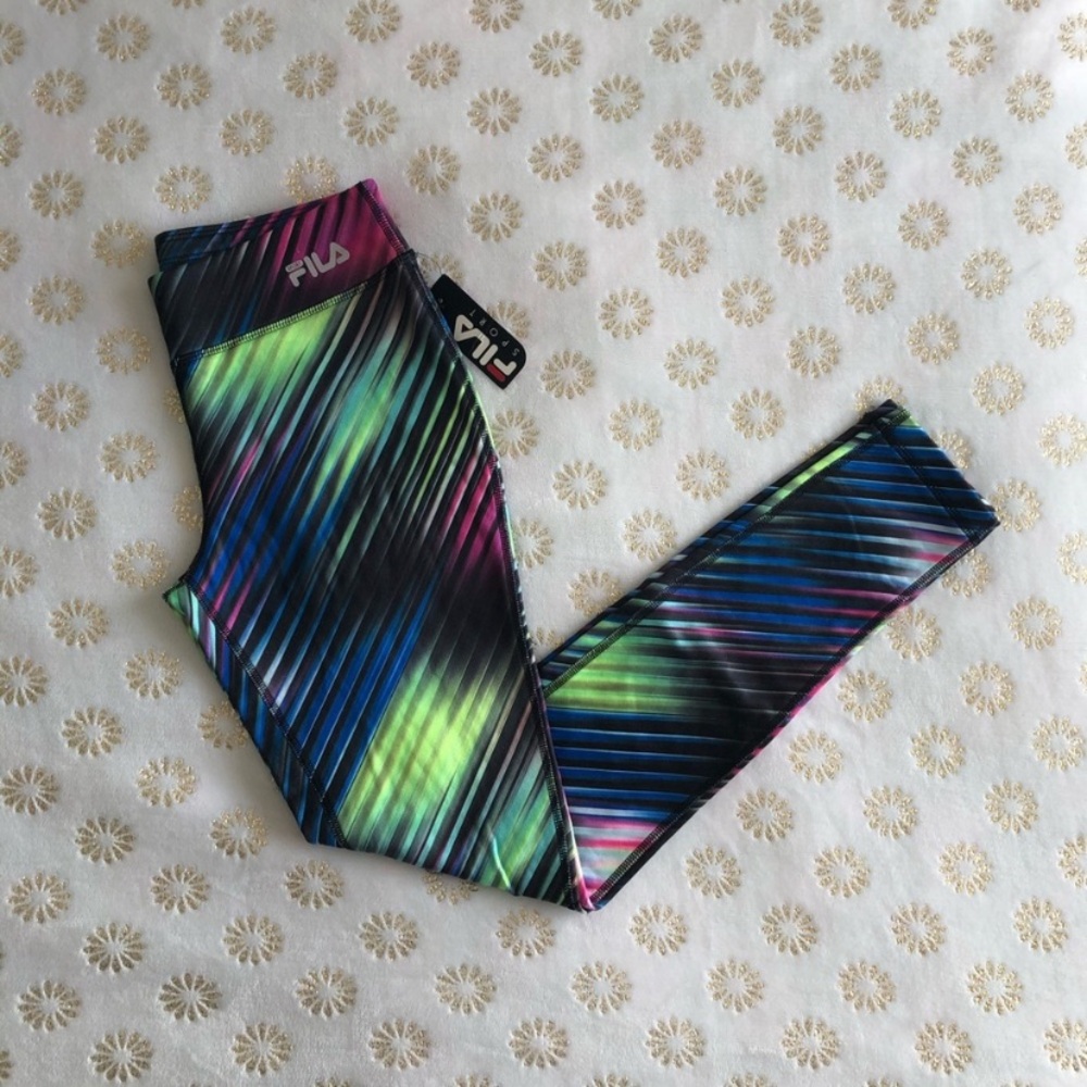Fila Girls' Black Leggings with Neon Rainbow Stripe Accents